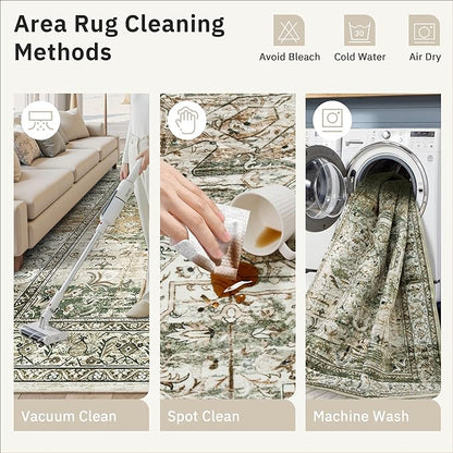 5x7 Area Rugs Low Pile Indoor Washable Trendy Faded Style Rugs for Bedroom Living Room Dining Room Foldable Non-Slip Thin Print Mat Green Olive Beige