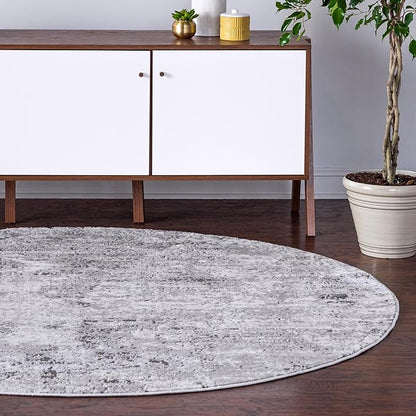 Rugs.com Leipzig Collection Rug – 4 Ft Round Gray Low-Pile Rug Perfect for Kitchens, Dining Rooms