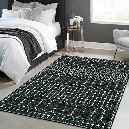 Lahome Moroccan Black Area Rug for Living Room 3x5 Non-Slip Washable Stain Resistant Large Kitchen Rugs Throw Low-Profile Soft Bedroom Carpet Geometric Print Distressed Rug for Entryway Dining Room