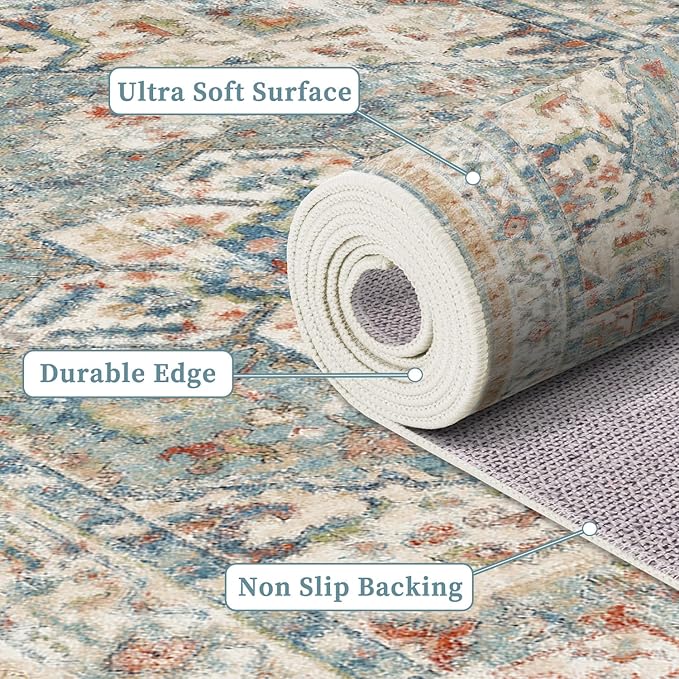 Enkor Runner Rugs for Hallway, 2x6 Washable Soft Boho Non Slip Floor Rugs for Kitchen, Modern Mat for Living Room Bedroom Entryway Beige & Green