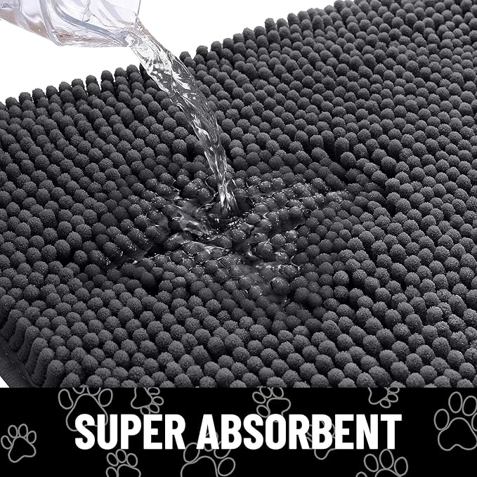 Smiry Dog Door Mat for Muddy Paws, Absorbent Dirt Trapper Non Slip Quick Dry Washable Chenille Mat for Mud Dogs, Entry Rug for Indoor and Outdoor (71x46 Inches, Dark Grey and White)