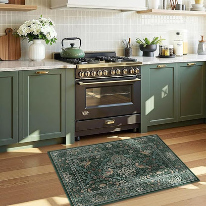 2x3 Floral Washable Area Rug for Entryway, Vintage Boho Rugs for Living Room Bedroom Dining Room, Botanical Birds Non Slip Low Pile Forest Animal Throw Carpet for Farmhouse Office, Retro Green/Blue