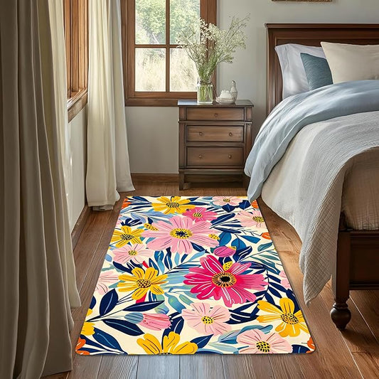 Pink Flowers Summer Area Rug for Living Room, Non-Slip Backing Low Pile Modern Abstract Rug for Indoor Use, 3x5 Washable Carpet