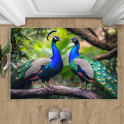 Peacock Rugs for Bedroom - 5x8 Rug, Peacock Couples Area Rugs for Living Room, Nature Carpet, Peafowl Washable Area Mat, Malachite Green Feather Carpet - Peafowl Home Decor & Gifts