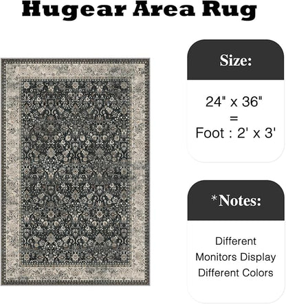 HUGEAR 2x3 Entryway Rug Machine Washable Area Rug Black Beige Small Rugs Door Mat Indoor Accent Carpet Floral Low Pile Distressed Throw Rugs Kitchen Office Non Slip