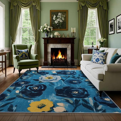 5x7 Camellia Floral Rugs, Modern Washable Flower Pattern Area Rug for Bedroom, Soft Large Non-Slip Kitchen Carpet Floor Door Mat for Living Room Dining Room Office - Navy Blue