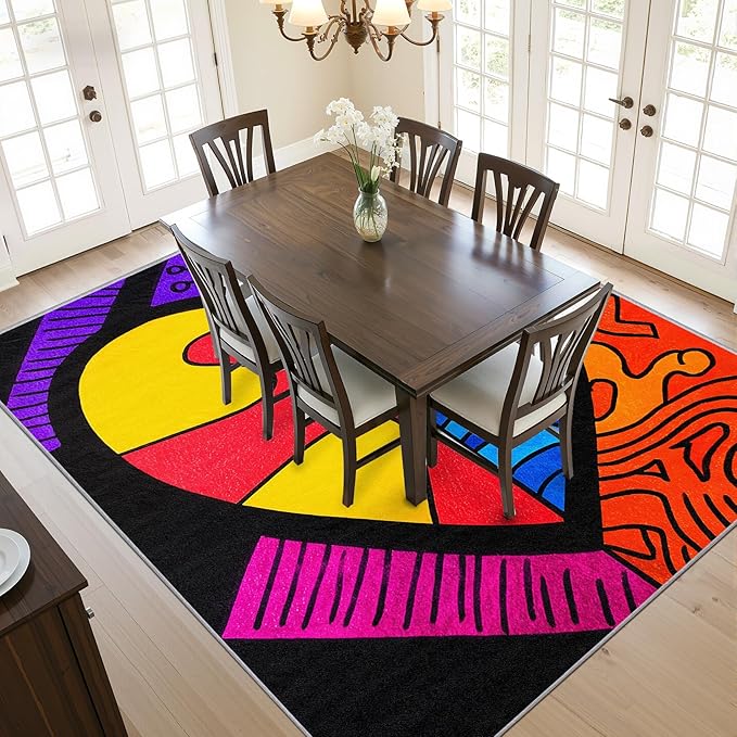 Abstract Living Room Rug - Colorful Pop Art Rug, 7x9 Area Rugs, Hippie Aesthetic Funky Washable Foldable Large Carpet Home Decor #C128