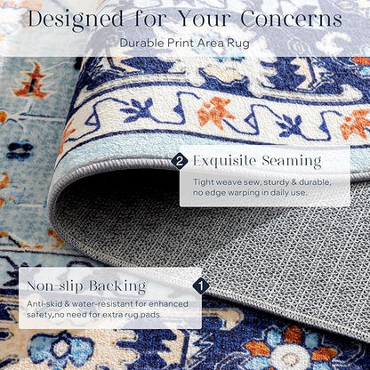 Phantoscope Washable Area Rug 6'x9' Non-Slip, Vintage Boho Rugs for Living Room, Bedroom, Dining Room, Medallion Persian Symmetrical Pattern, Low-Pile Foldable Floor Carpet, Ivory Blue/Orange