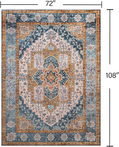 YJ.GWL Area Rugs for Living Room 6x9 Machine Washable Rugs, Non Slip Floral Vintage Rug Indoor Carpet, Stain Resistant Large Rug for Bedroom Dining Room, Brown Blue