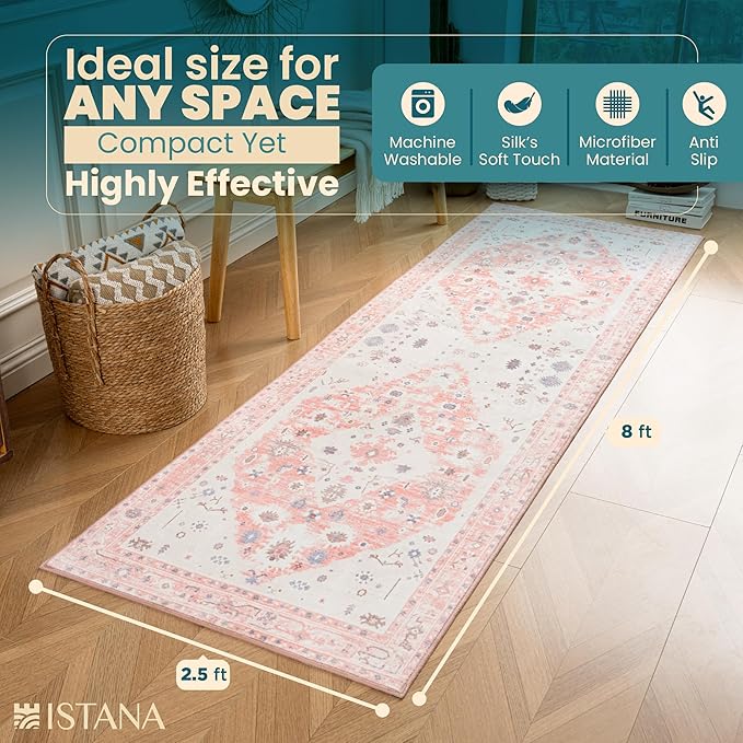 Istana Hallway Carpet 2.5x8 - Pink Kitchen Runner Non Slip Washable - Silk's Soft Touch - Stylish Home Rug
