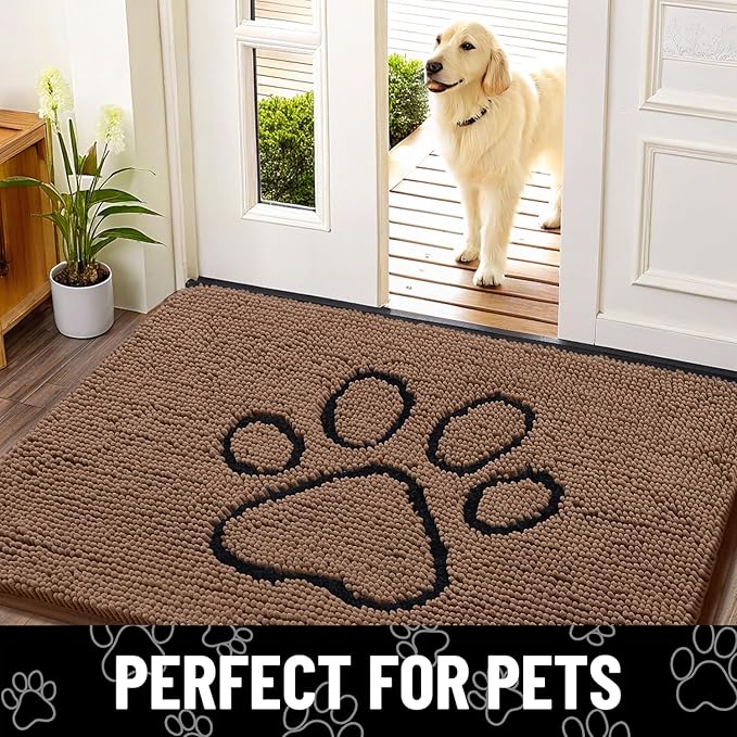 Smiry Dog Door Mat for Muddy Paws, Absorbent Dirt Trapper Non Slip Quick Dry Washable Chenille Mat for Mud Dogs, Entry Rug for Indoor and Outdoor (48x30 Inches, Coffee and Black)