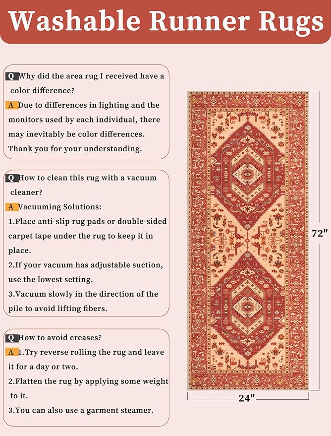 SERISSA Boho Washable Runner Rug, 2x6 Rug Runner Non-Slip Vintage Red Beige Hallway Kitchen Runner Rug Ultra Soft Print Distressed Floor Carpet Runner for Bedroom Bathroom Laundry Living Room