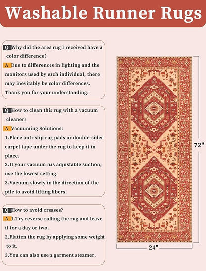 SERISSA Boho Washable Runner Rug, 2x6 Rug Runner Non-Slip Vintage Red Beige Hallway Kitchen Runner Rug Ultra Soft Print Distressed Floor Carpet Runner for Bedroom Bathroom Laundry Living Room