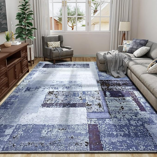 LOCHAS Rug for Living Room, Washable Soft Area Rugs for Bedroom 8x10, Abstract Carpet for Indoor Office Kids Dining Room Nursery Floor, Blue Geometric Vintage Home Decor, Non Slip, Pet Child Friendly