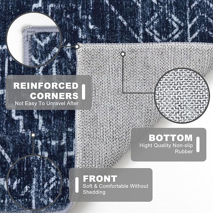 KILOCOCO Area Rug 4'x6' Entryway Rug Washable Bedroom Rugs Non Slip Printed Boho Low-Pile Rubber Backed Blue Soft Rugs for Kitchen Living Room Dining Geometric Moroccan Carpet, Dark Blue