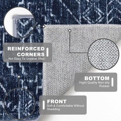 KILOCOCO Area Rug 4'x6' Entryway Rug Washable Bedroom Rugs Non Slip Printed Boho Low-Pile Rubber Backed Blue Soft Rugs for Kitchen Living Room Dining Geometric Moroccan Carpet, Dark Blue