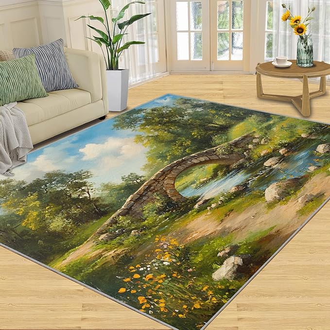 Forest Rugs for Bedroom - 6x8 Area Rug - Stone Bridge Stream Rugs for Living Room, Retro Country Style Rug, Non-Slip Washable Home Decor Carpet