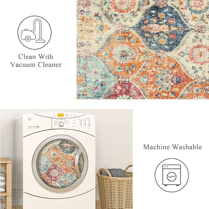 Lahome Moroccan Washable Runner Rug 2x10, Kitchen Runners for Hallways Rubber Backing Ultra-Thin Vintage Hallway Rug Non-Slip Stair Carpet for Entryway Bedroom Laundry Room, Cream/Multi