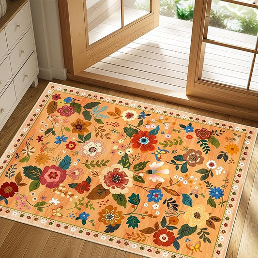 Floral 2x3 Area Rug Machine Washable Soft Print Boho Carpet Non Slip Doormat Low Pile Flower Area Rugs for Living Room Bedroom Nursery Kitchen Dining Room Indoor-Yellow/Orange