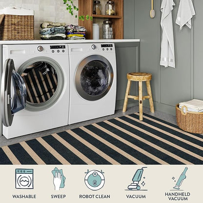 Lahome Striped Easy Jute Area Rug 6x9, Outdoor Patio Rug Neutral Black Carpet for Living Room Classroom, Farmhouse Low Pile Non Slip Non Shedding Floor Carpet for Dining Room Office