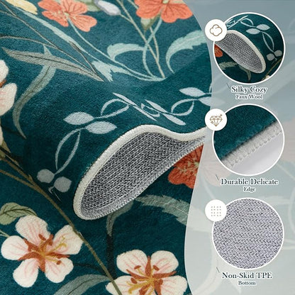 Wonnitar Washable 8x10 Area Rug, Non-Slip Teal Green Floral Rugs for Living Room, Low Pile Soft Bedroom Rug, Stain Resistant Floor Carpet for Dining Room(Teal Green,8'x10')