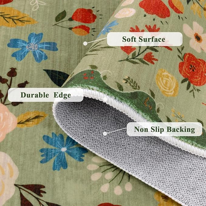 U'Artlines 6x9ft Vintage Floral Area Rug Machine Washable Ultra Soft Low Pile Non Slip Non Shedding Accent Floor Carpet for Living Room, Bedroom, Dining Room, Office (Green)