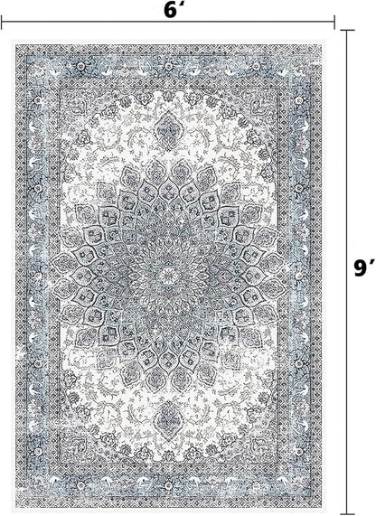 6’x9’ Area Rugs for Living Room Non Slip Washable Low Pile Area Rugs for Bedroom Vintage Carpets Blue