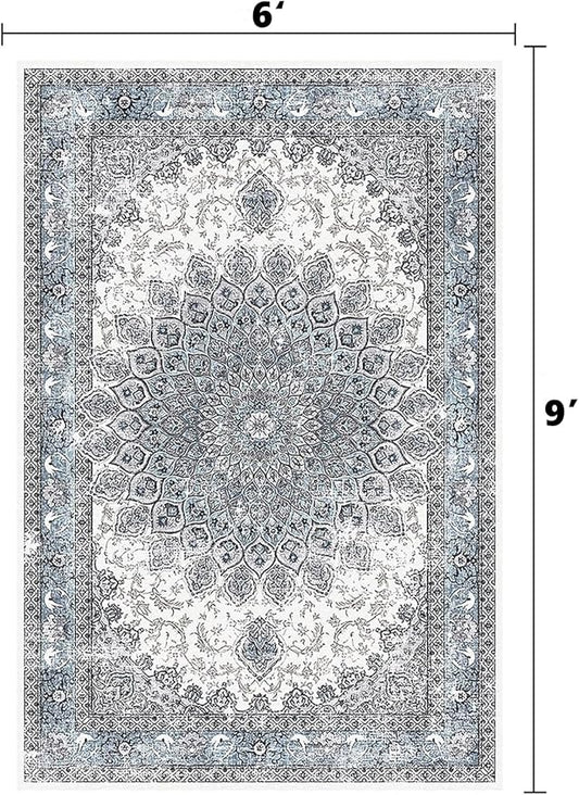 6’x9’ Area Rugs for Living Room Non Slip Washable Low Pile Area Rugs for Bedroom Vintage Carpets Blue