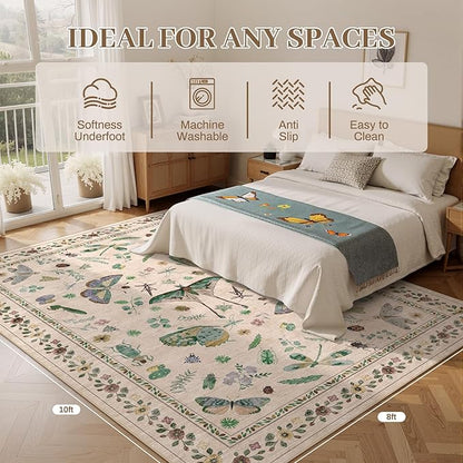8x10 Area Rugs with Insect Print - Bug Rug Non-Shedding Stain Resistant Soft Carpet for Bedroom, Low Pile Ultra-Thin Machine Washable Carpet for Dining Room, Kids Nursery, Office (8'x10' Beige)
