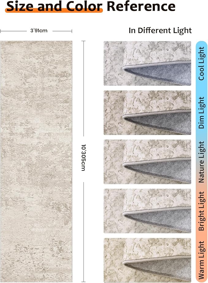 Art&Tuft Non-Slip Runner Rug - 3x10 Runner Rug Washable Low-Pile Rugs Runners, Soft Distressed Carpet Runner for Bedroom Bathroom Kitchen Laundry Living Room, Beige