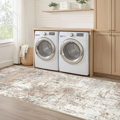Runner Rug Kitchen Washable Rugs: 3x8 Non-Slip Abstract Soft Modern Stain Resistant Indoor Floor Neutral Accent Throw Carpet for Hallway Bathroom Laundry Room Entryway Bedroom- Brown