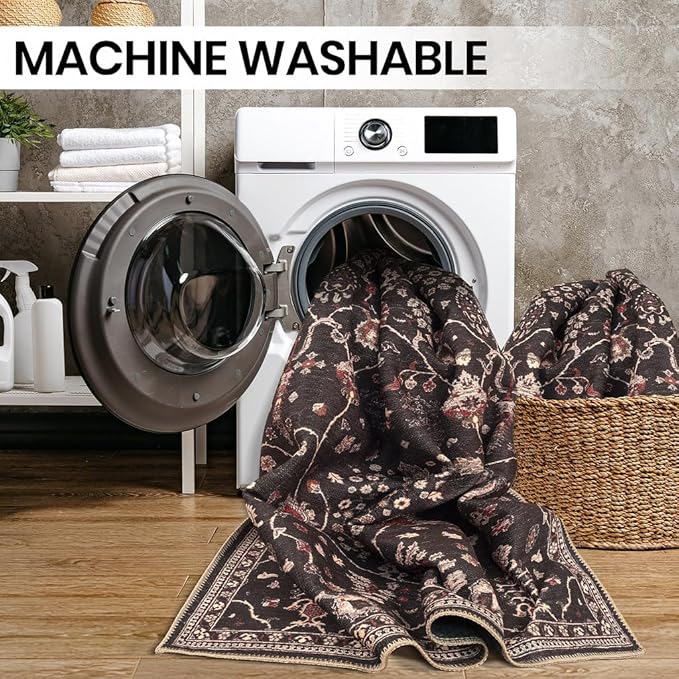 GLN Rugs Traditional Collection - Machine Washable Area Rug, Traditional Washable, Non Slip, Low Pile Chenille Rug, Living Room, Bedroom, Kitchen Rug (5'3" Round Black)