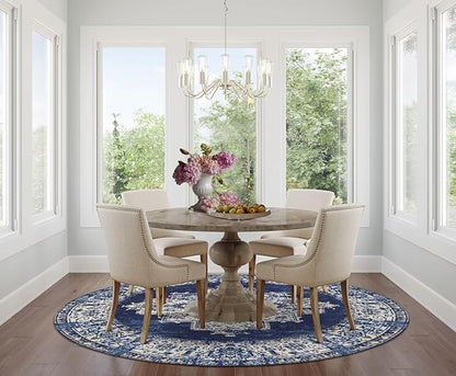 vivorug Round Rug 6ft Vintage Round Area Rug Non-Slip Indoor Carpet for Living Room Bedroom Entryway, Stain Resistant Home Decor Circle Rug, Navy Blue