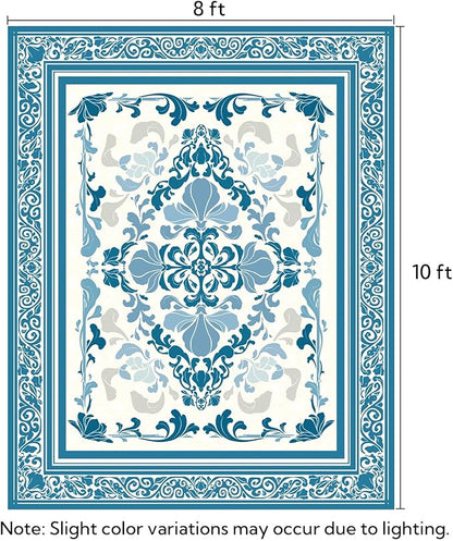 SOULFUL Medium Pile 8x10 Rugs for Living Room - Soft Foot Feel Large Area Rug - Blue Boho Floral - Washable Non-Slip - Perfect for Bedroom Kids Room Under Dining Table Office