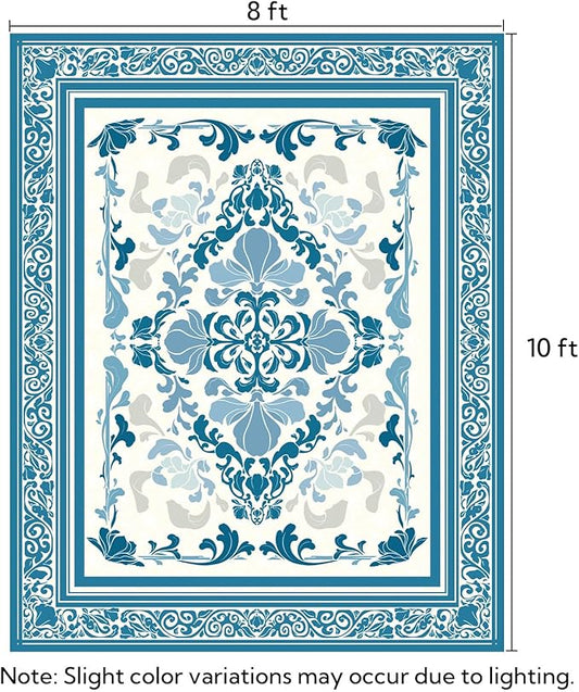 SOULFUL Medium Pile 8x10 Rugs for Living Room - Soft Foot Feel Large Area Rug - Blue Boho Floral - Washable Non-Slip - Perfect for Bedroom Kids Room Under Dining Table Office