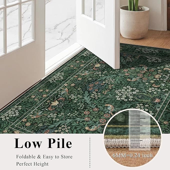 8x10 Floral Washable Area Rugs for Living Room, Vintage Boho Large Rug for Bedroom Dining Room， Distressed Botanical Birds Non Slip Low Pile Animal Throw Carpet for Farmhouse Office, Bright Green