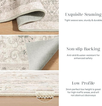 Phantoscope Washable Runner Rug 2'x10' Non-Slip, Vintage Neutral Hallway Rugs for Entryway, Stair, Bedroom, Distressed Boho Floral Medallion Pattern, Low-Pile Foldable Carpet, Cream Beige/Neutral