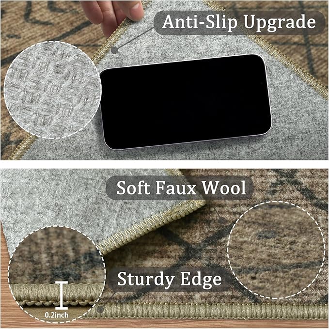 5x7 Machine Washable Area Rug for Living Room, Brown Black Vintage Moroccan Rug Large Non-Slip Low Pile Soft Faux Wool Carpet, Kids and Pets Friendly for Bedroom Dining Room Farmhouse Home Decor Rug