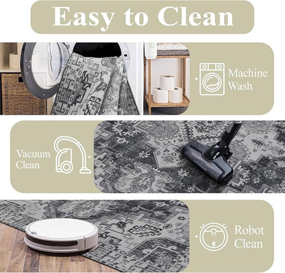 Washable Rugs 5x7 Area Rugs for Living Room, Thin Carpet for Bedroom, Soft Faux Wool Retro Dining Room Rug，Non Slip&Non-Shedding Resistant Low Pile Vintage Print Rug for Home Office (Medium Gray)