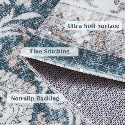 jinchan Floral Area Rugs 4x6 Machine Washable Vintage Distressed Boho Design Throw Rug Stain Resistant Carpet Low Pile Ultra-Thin Non-Slip for Bedroom Living Room Dining Room Kitchen(4‘x6', Drak Blue)