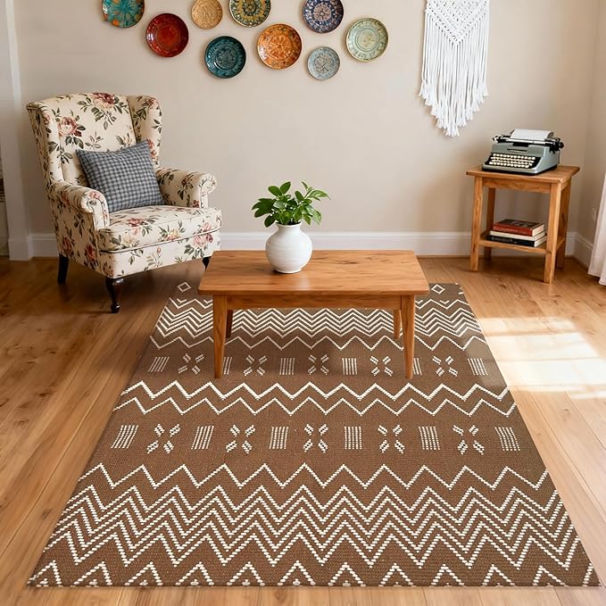 Boho Rugs for Living Room,3x5 ft Braided Rug,Washable Faux Jute Rug for Bedroom,Cotton Soft Entryway Rugs,Floor Carpet with Rubber Backed,Non Slip,Brown/White