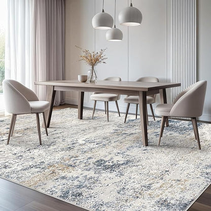 Area Rug Living Room Rugs - 10x14 Abstract Large Soft Indoor Washable Rug Neutral Modern Low Pile Carpet for Bedroom Dining Room Farmhouse Home Office - Beige Blue