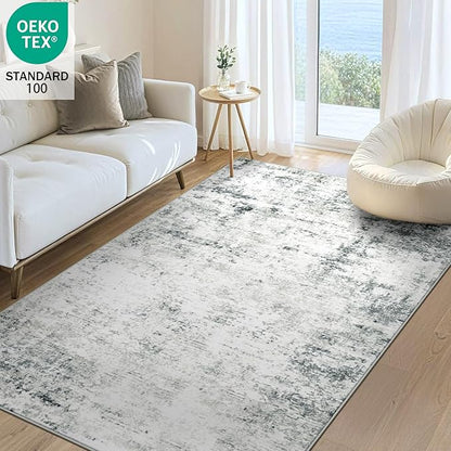 4x6 Machine Washable Area Rug for Living Room, Grey Modern Vintage Abstract Rug Large Non-Slip Low Pile Soft Faux Wool Carpet, Kids and Pets Friendly for Bedroom Dining Room Farmhouse Home Decor Rug