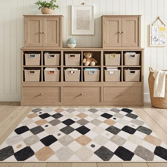 jinchan Macy Area Rug 3x5 Kids Washable Indoor Non-Slip Black and White Modern Soft Rug Elementary School Classroom Diamond Carpet for Nursery Playroom Daycare Bedroom Living Room Marble on Cream