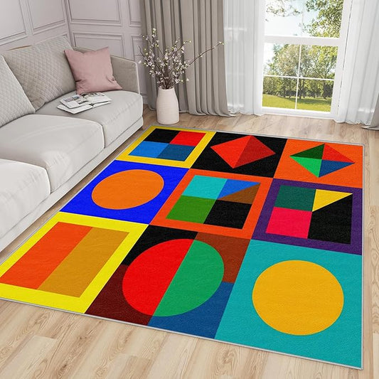 Geometric Washable Rugs - 5x8ft - Colorful Abstract Modern Funky Rugs for Living Room Non Slip Low Pile Area Rug for Bedroom, Geometric Carpets Room Decor & Gifts
