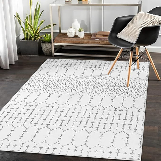 Lahome Moroccan Washable Living Room Rug - 3x5 Area Rugs for Bedroom Throw Non-Slip Low-Pile Entryway Rug Bathroom Rugs Soft White Distressed Indoor Capet for Office Kitchen Laundry Room Dining Room