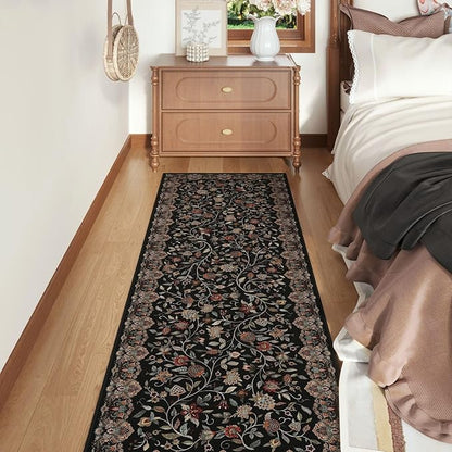 Rugcomf Vintage Paisley Runner Rug 2'7"x8' - Machine Washable, Non-Slip Low Pile Floral Carpet for Kitchen, Laundry, Bedroom, Bathroom - Black