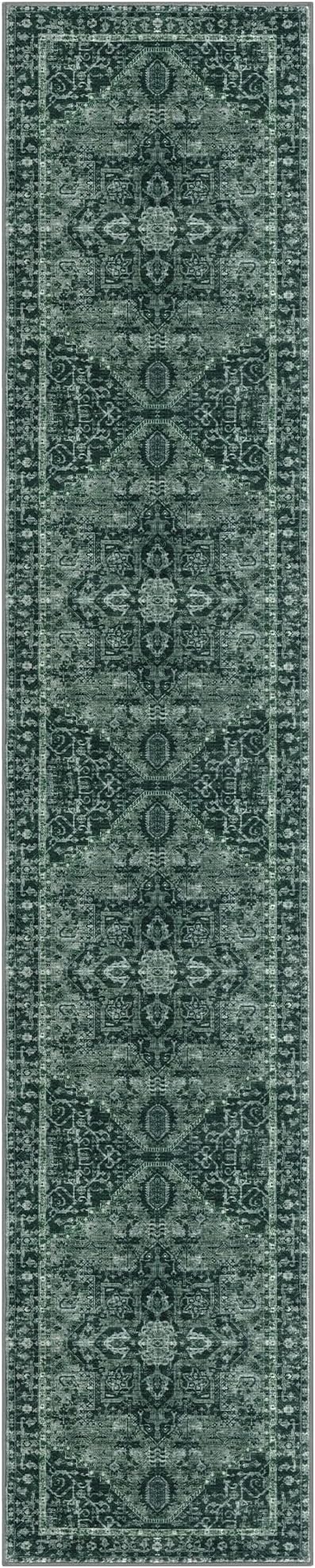 KOZYFLY Long Runners for Hallways 2x10 Ft Washable Kitchen Runner Rug Boho Style Entryway Rug Indoor Printed Faux Wool Stair Runner Carpet for Stairs Bedroom Kitchen Hall, Dark Green