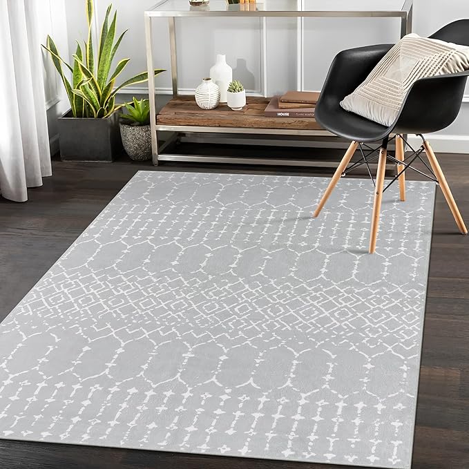 Lahome Moroccan Washable Living Room Area Rug 3x5 Small Rugs for Bedroom Throw Non-Slip Low-Pile Entryway Rug Kitchen Rugs Soft Grey Distressed Capet for Office Bathroom Laundry Room Dining Room
