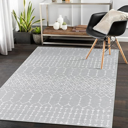 Lahome Moroccan Washable Living Room Area Rug 3x5 Small Rugs for Bedroom Throw Non-Slip Low-Pile Entryway Rug Kitchen Rugs Soft Grey Distressed Capet for Office Bathroom Laundry Room Dining Room